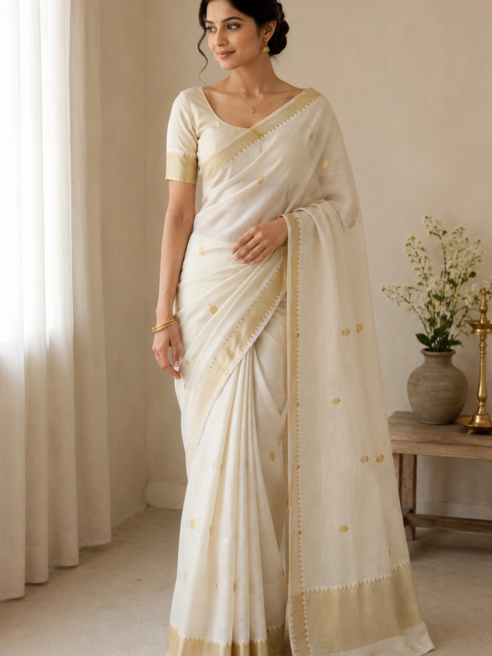 Brand new Indian Pakistani premium cotton off White & Gold Saree for Women